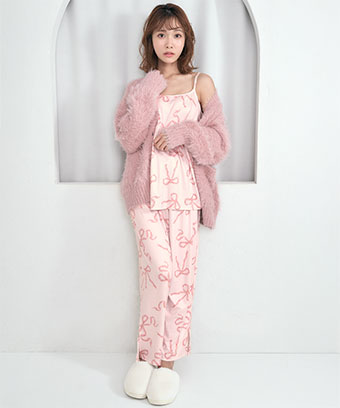 リボン柄キャミソール シャギーニットカーディガン付き 長袖 3点セット