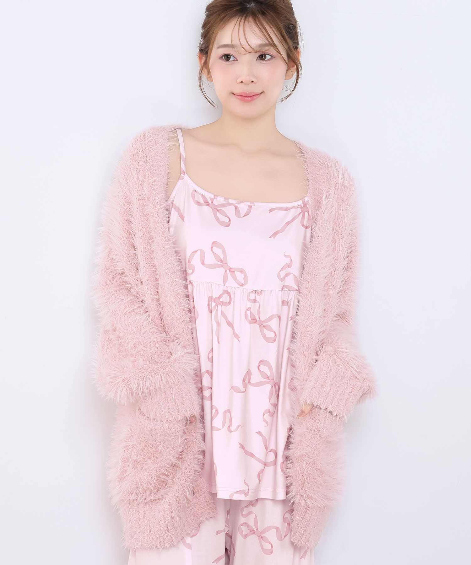 bell charme ピンク カーディガン キャミソール アンサンブル セット リボン柄キャミソール シャギーニット カーディガン付き ロングパンツ