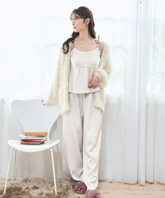 サテンキャミソール シャギーニット カーディガン付き ロングパンツ 3点セット