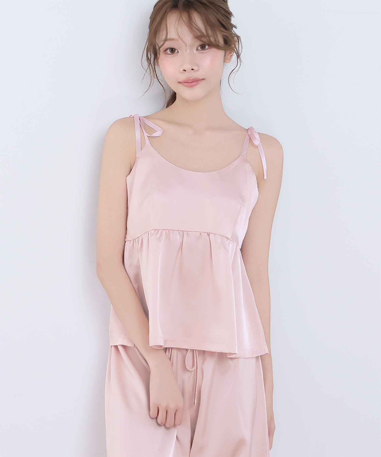 サテンキャミソール シャギーニット カーディガン付き ロングパンツ 3点セット:MODEL:168cm/SIZE:M