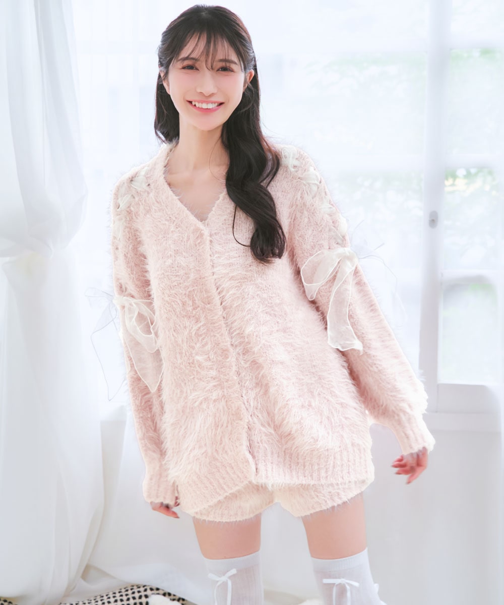 リボン シャギーニットカーディガン 長袖 上下セット