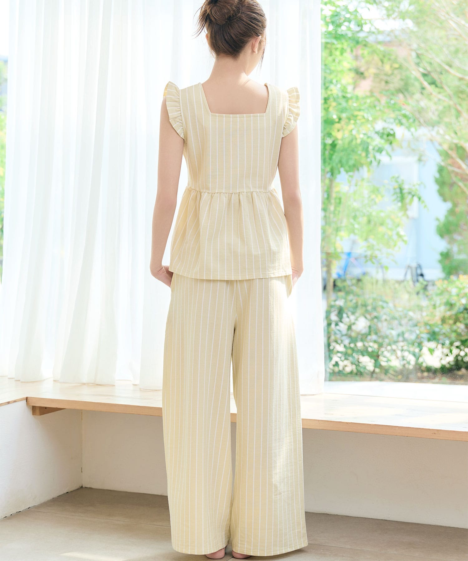 ストライプフリル ロングパンツ 綿混 上下セット