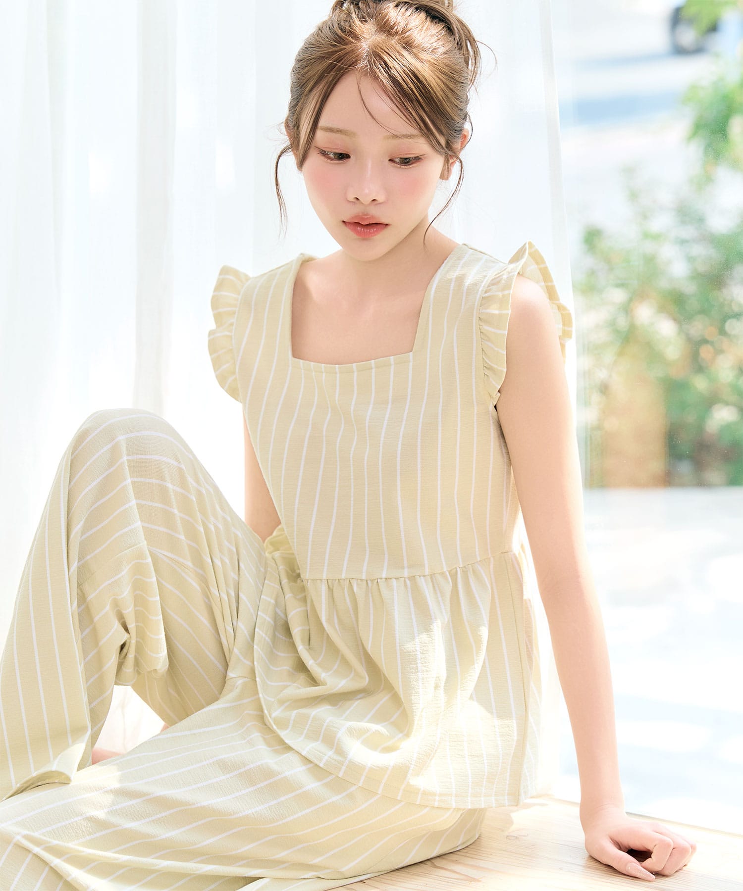 ストライプフリル ロングパンツ 綿混 上下セット:MODEL:168cm/SIZE:M
