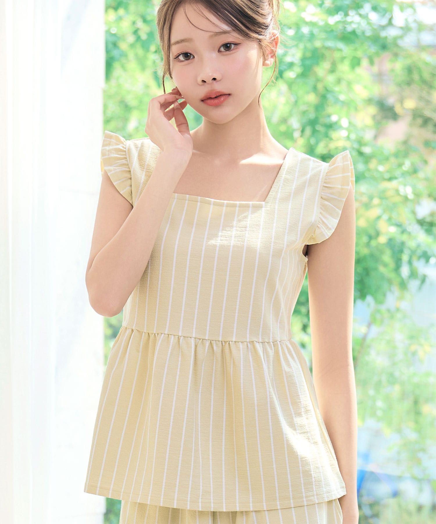 ストライプフリル ロングパンツ 綿混 上下セット:MODEL:168cm/SIZE:M