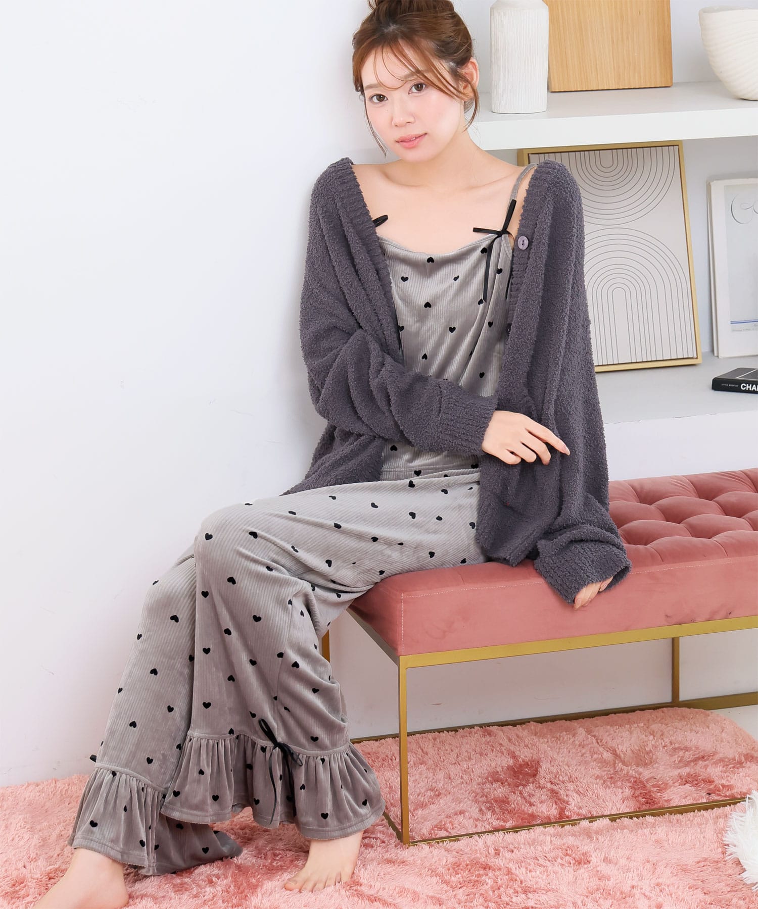 ハートリボンキャミソール モールニット カーディガン付き ロングパンツ 3点セット:MODEL:166cm/SIZE:L
