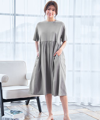 【アウトレット】綿100% 接触冷感 ミモレ丈 ワンピース