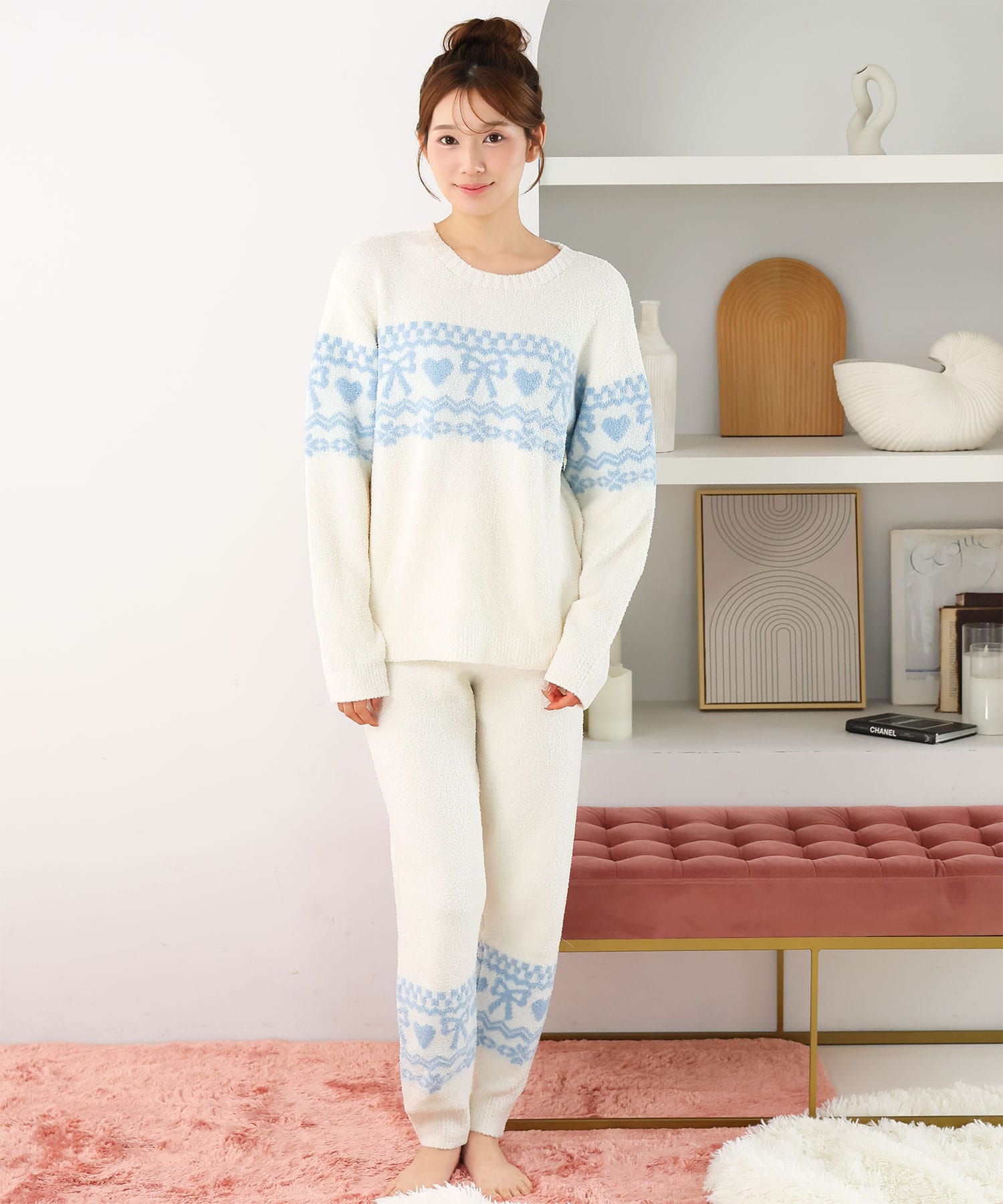 ノルディック柄 モールニット 腹巻付き 長袖 上下セット:MODEL:166cm/SIZE:M