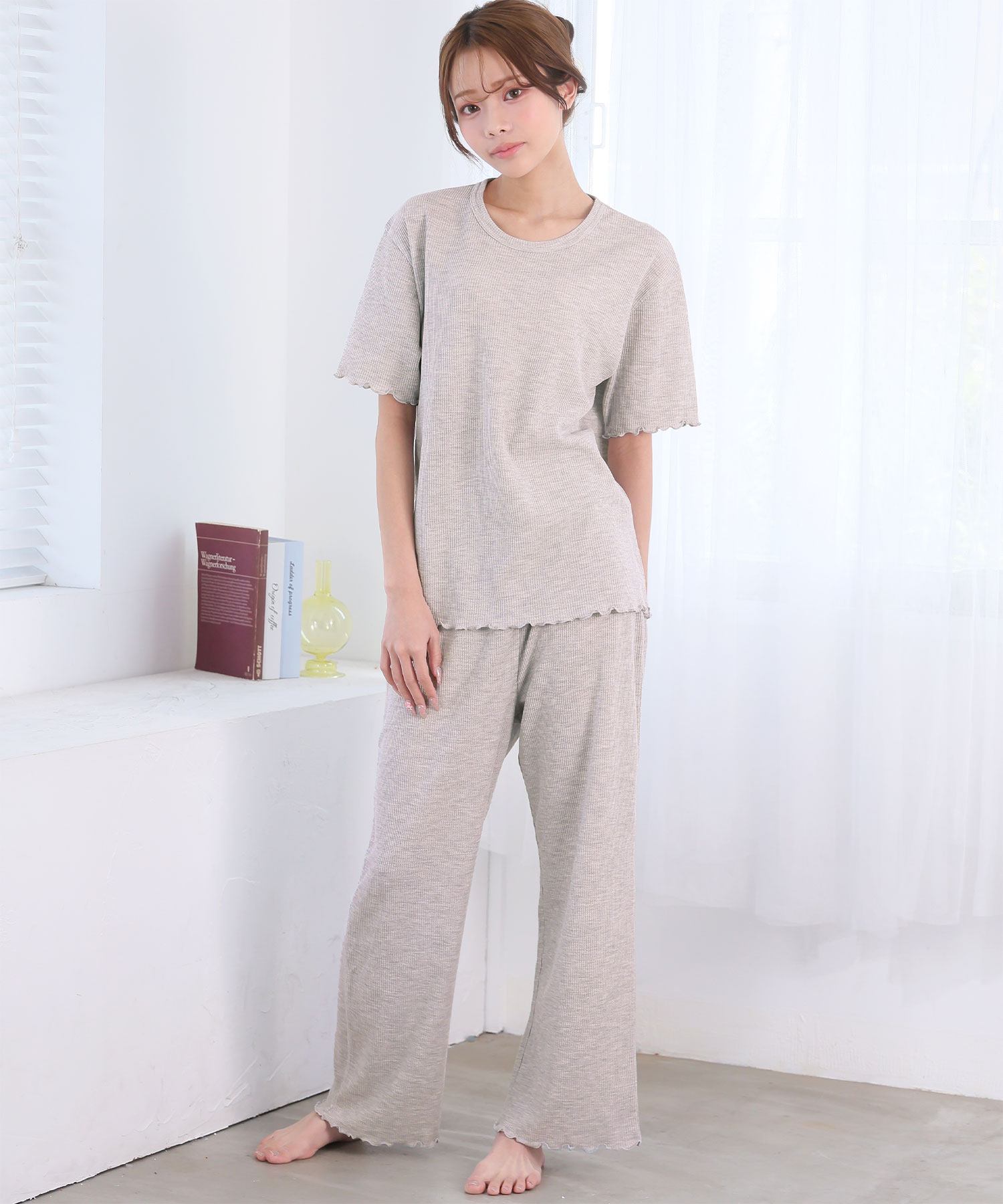 【WEB限定】サマーワッフル 腹巻付き 半袖 綿混 上下セット:MODEL:168cm/SIZE:M