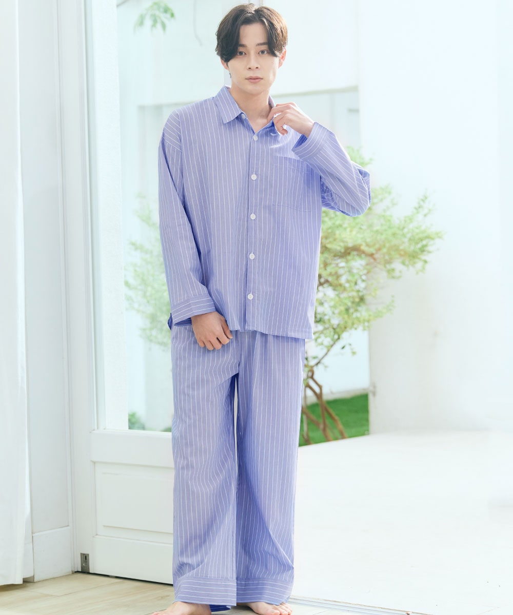 【WEB限定】綿100% シャツパジャマ 長袖 上下セット (男女兼用サイズ):MODEL:173cm/SIZE:LL