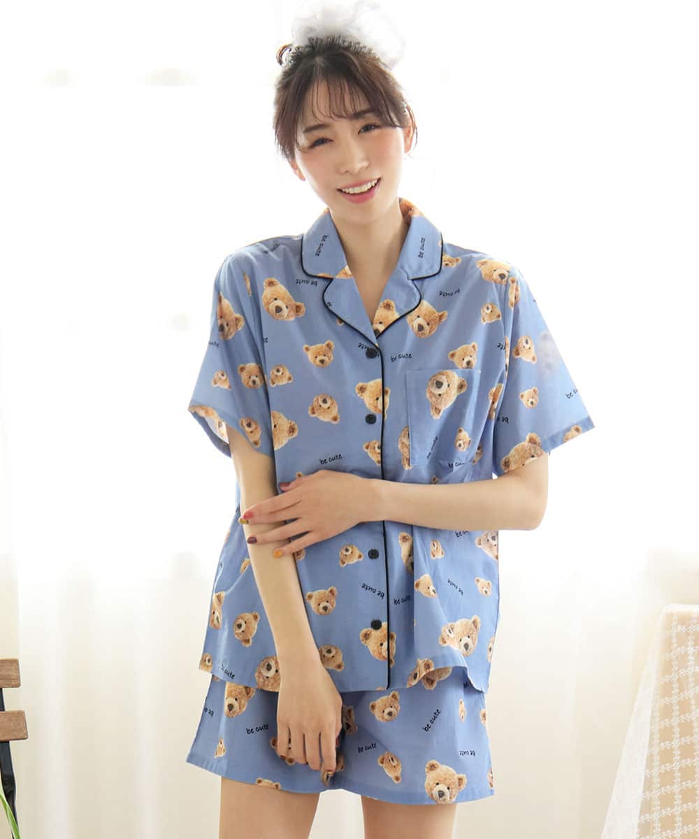【プライスダウン】綿100% 半袖 シャツパジャマ 上下セット 2:MODEL:164cm/SIZE:M