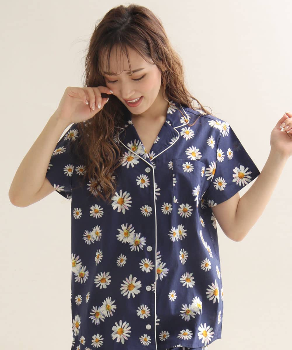 【WEB限定】綿100% 半袖 シャツパジャマ 上下セット:MODEL:160cm/SIZE:M