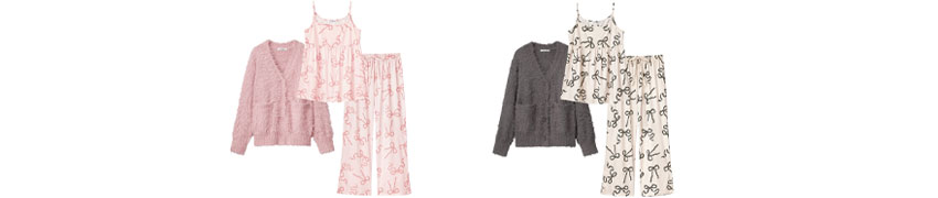 リボン柄キャミソール シャギーニットカーディガン付き 長袖 3点セット