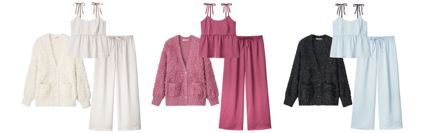 サテンキャミソール シャギーニット カーディガン付き ロングパンツ 3点セット