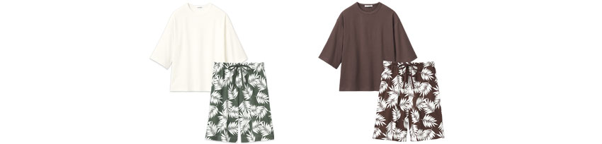 【アウトレット】パームリーフ柄 綿混 半袖 ショートパンツ 上下セット (男女兼用サイズ)