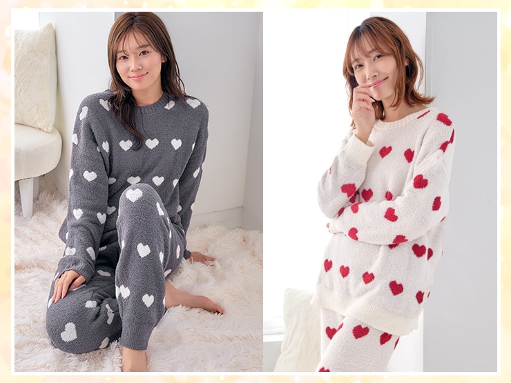 ハート柄 ニット 腹巻付き 長袖 上下セット 左からホワイト、グレー