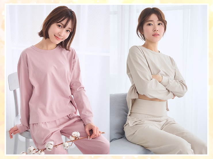 身生地綿100% 腹巻付き 長袖 上下セット 左からピンク、グレージュ