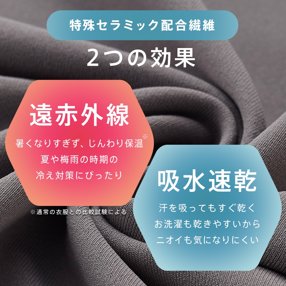 エメフィールの快眠ウェア《着るだけ快眠 半袖 上下セット》は特殊セラミック配合繊維を採用。特殊セラミックは「遠赤外線」と「吸水速乾」の２つの効果を持ち合わせています。