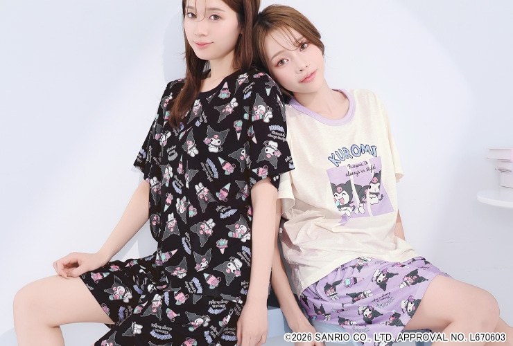2026年夏 aimerfeel×サンリオキャラクターズコラボ クロミ サマー半袖パジャマ上下セット。アイスクリームやハートのサングラスをあしらった総柄デザイン。ブラックとパープルの2カラー展開