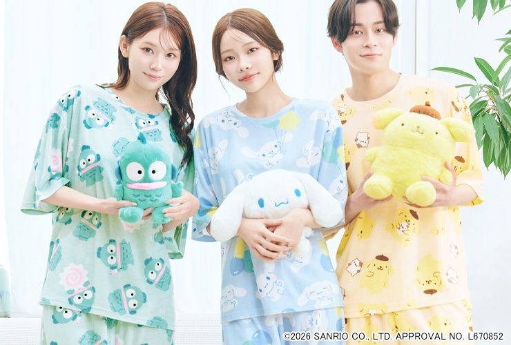 2026年夏 aimerfeel×サンリオキャラクターズ パイル素材 半袖パジャマ上下セット。ハンギョドン・シナモロール・ポムポムプリンの総柄。グリーン・ブルー・イエローの3カラー。ユニセックスでゆったりシルエット