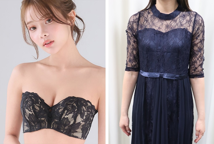 結婚式ドレスのデコルテラインを格上げするインナー。ノースリーブやオフショルダーでもブラ紐が邪魔をしない、ホールド力の高いエメフィールのストラップレスブラ。