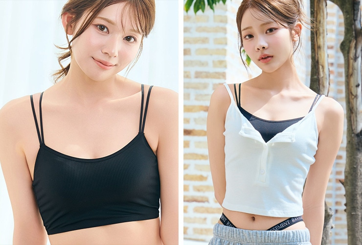 ブラの盛り心地をキープしながらヘルシーな肌見せを叶えるインナー。華奢な細ストラップがアクセントになる見せブラのお手本コーデ。