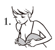 1.肩帶穿過肩膀、上身前傾將乳房對齊罩杯、扣上背扣。