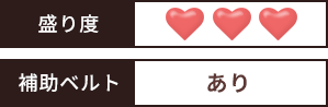 盛り度：とても盛れる、補助ベルト：あり