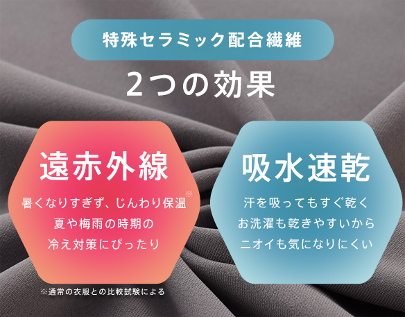 特殊セラミック配合繊維、２つの効果。暑くなりすぎず、じんわり保温。遠赤外線は、夏や梅雨の時期の冷えた対策にぴったり！吸水速乾効果もあり、汗を吸っても直ぐ乾き、お洗濯も乾きやすいから、ニオイもきになりにくい