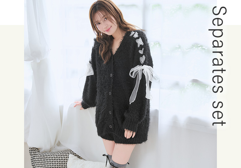 リボン シャギーニットカーディガン 長袖 上下セットのブラック