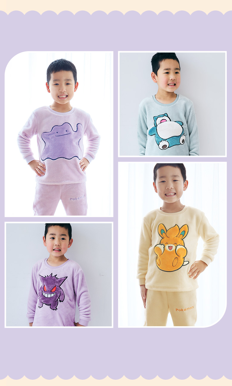 人気のポケモンたちが大集合！タイプ別のポケモンを総柄でプリントした、キッズサイズの夏用ルームウェア上下セットです。ほのおタイプはヒトカゲ・メガリザードン・ヒノアラシ、くさタイプはフシギダネ・メガフシギバナ・キレイハナ・ハネッコ、ゼニガメ・メガカメックス・サニーゴ・ポッチャマなどがプリントされています