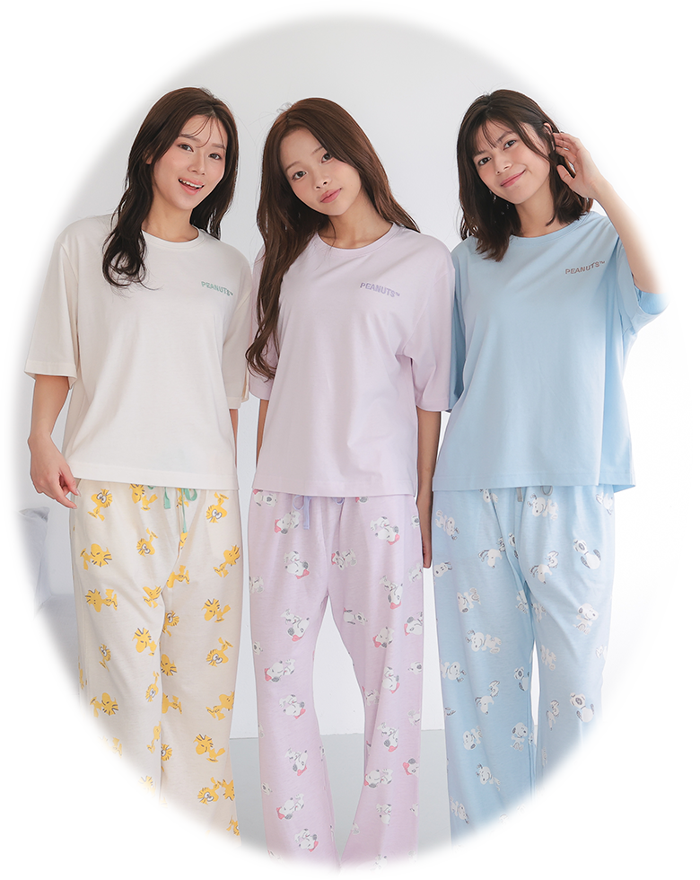 カップルでお揃いも！aimerfeelとPEANUTSのコラボ商品！男女兼用サイズでパートナーとおそろいで楽しめるルームウェアです。