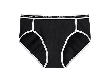 ブルーDayでもハッピーに！モノトーンカラーに太めのウエストゴムが目を引く、デイリーライクなサニタリーショーツです。リブ素材のナチュラルな風合いで、見た目はいつものショーツそのまま、日中の蒸れやズレをしっかりガード。マチ部分は防水布を使用したダブルクロッチ仕様。リブ ノア プレーン サニタリーショーツ