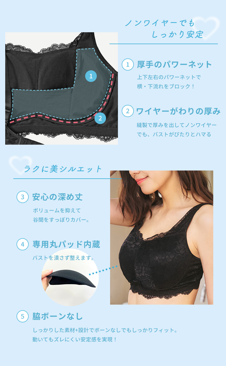 ノンワイヤーでもしっかり安定！（上下左右の厚手のパワーネットでバストの横・下流れをブロック！アンダーバストに沿って縫製でワイヤーがわりの厚みを出してノンワイヤーでも、バストがぴたりとハマる。）ラクに美シルエット！（ボリュームを抑えて谷間をすっぽりとカバーする安心の深め丈。バストを潰さずに整える）