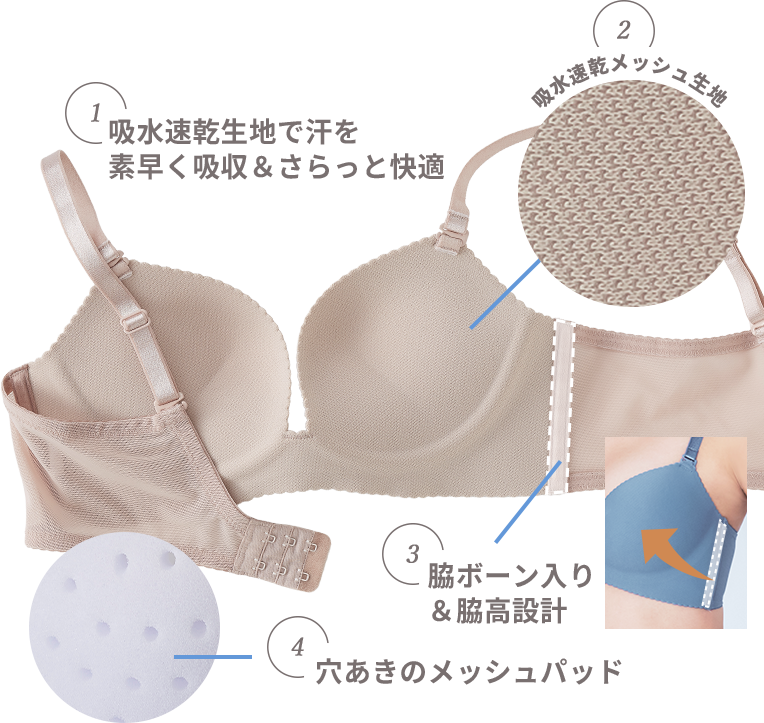吸水速乾に優れたノンワイヤーなのに超盛れるシームレスブラです。吸水速乾メッシュ生地と穴あきの丸メッシュパッドで汗を素早く吸収し、さらっと快適なブラ。脇ボーン入り&脇高設計でお悩みの脇・背中のお肉をグイっとバストへ寄せて脇スッキリ!厚手のふかふかパッドがバストを下から潰さずに押し上げて、びっくりするほど胸が盛れる夏用の盛りブラです。