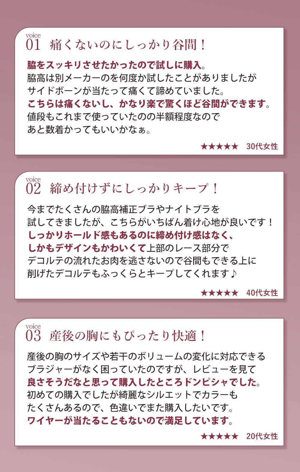 感動の声、続々。01:痛くないのにしっかり谷間！脇をスッキリさせたかったので試しに購入。こちらは痛くないし、かなり楽で驚くほど谷間ができます。02：締め付けずにしっかりキープ！しっかりホールド感もあるのに締め付け感はなく、しかもデザインもかわいい。03:産後の胸にもぴったり快適！良さそうだなと思って購入したところドンピシャでした。ワイヤーが当たることもないので満足しています。