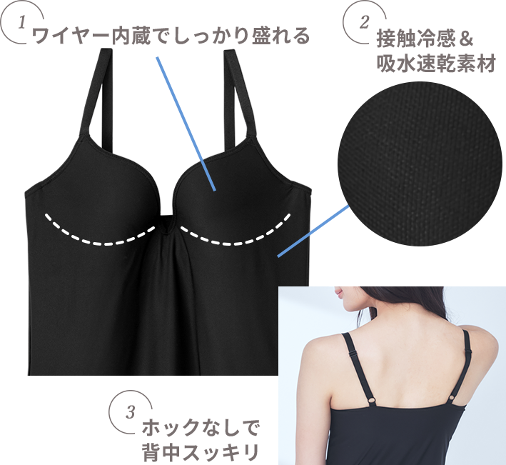 エアリークール リッチバスト ブラトップ (ワイヤー入り)は、接触冷感タイプ 重ね着いらずのインナーブラです。ワイヤー内蔵で7しっかり胸が盛れます。接触冷感＆吸水速乾の素材を採用しました。ブラホックが無いので背中もスッキリ！